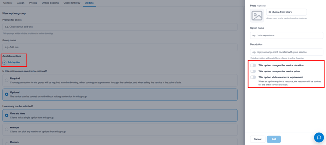 available options add ons create