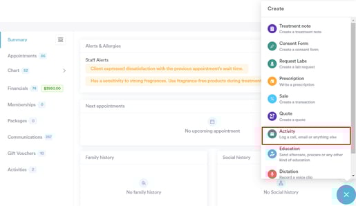 How to Create an Activity from the Client Card_2