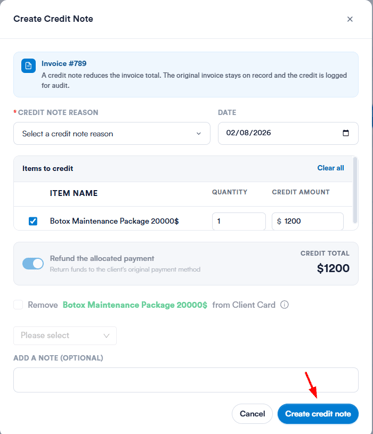 How to Issue a Credit Note for an Invoice from the Client Card 6