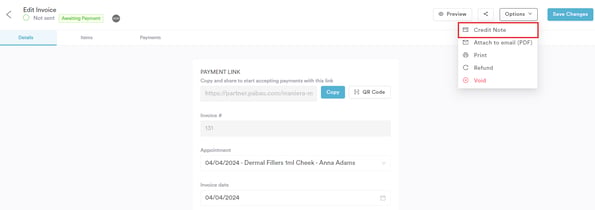 How to Issue a Credit Note for an Invoice from the Client Card_4