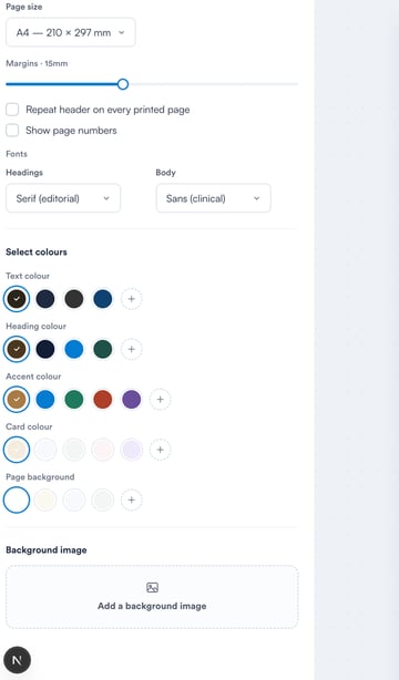 Custom print template styling — page setup, fonts, colours and background image