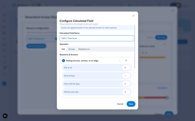 Configure Calculated Field — questions with a score assigned to each answer