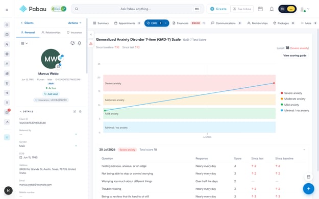 Client card Measures — GAD-7 trend across severity bands with the per-visit breakdown