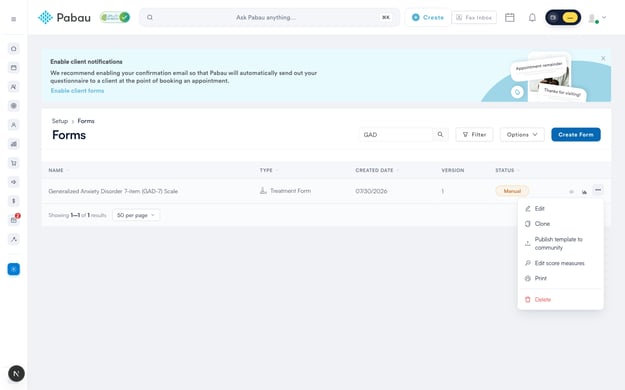 Setup — Forms list with the row menu open and Edit score measures highlighted