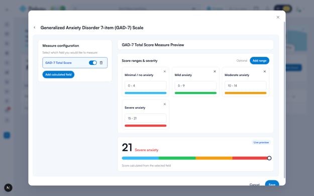 Measure editor — field toggles on the left, score ranges and severity cards, and the live preview