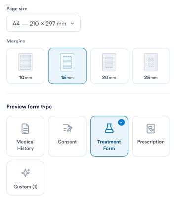 Print template builder — page size, margins and preview form type