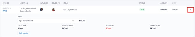 An expanded invoice row showing the full invoice breakdown