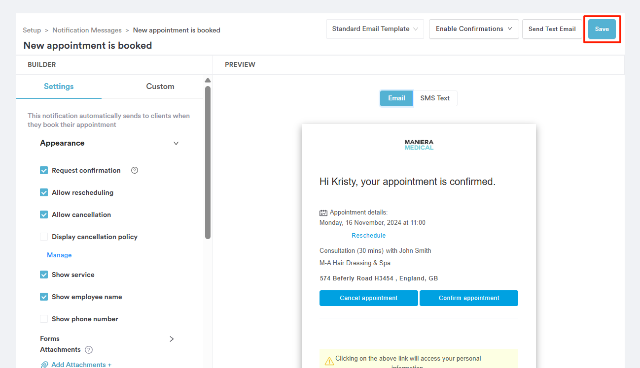 How to Edit the New Appointment is Booked Notification