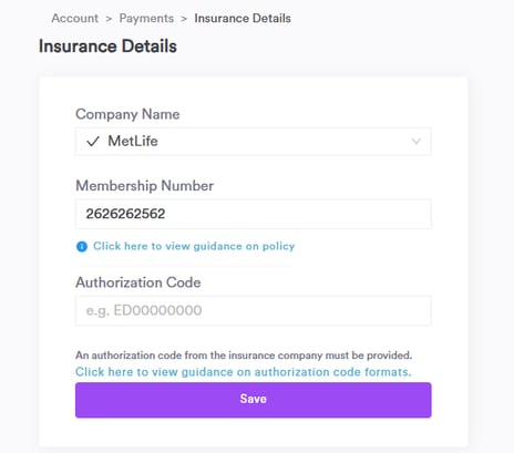 The insurance details form with membership number and authorisation code