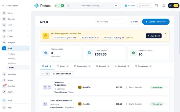 Navigate to Stock and click Orders in the sidebar