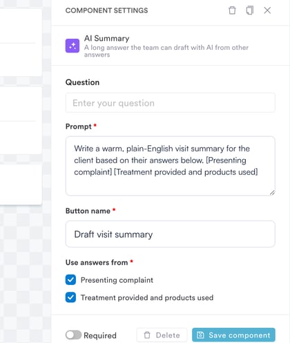 AI Summary component settings: prompt, button name and source answers
