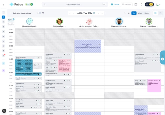 The Pabau calendar day view with practitioner columns