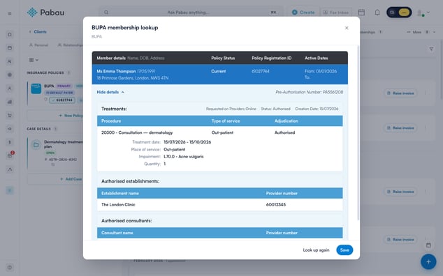 A successful BUPA membership lookup showing a Current policy