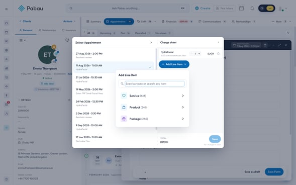 The Add Line Item menu on the charge sheet