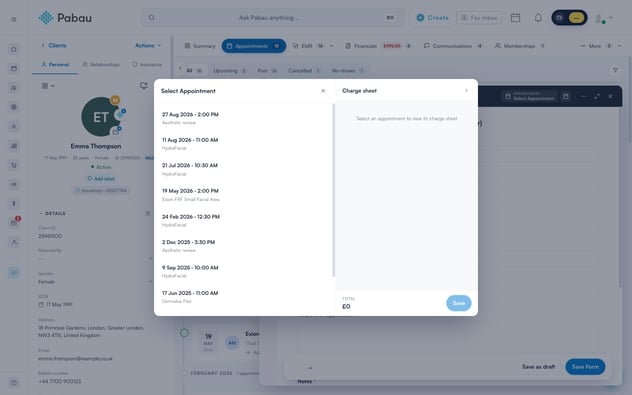 The Select Appointment window with the Charge sheet pane
