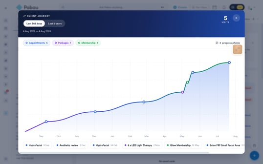 The Client Journey modal showing the last 365 days