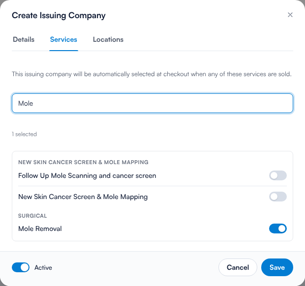 Services tab on the issuing company window