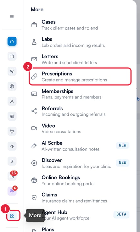 The sidebar More menu with Prescriptions marked