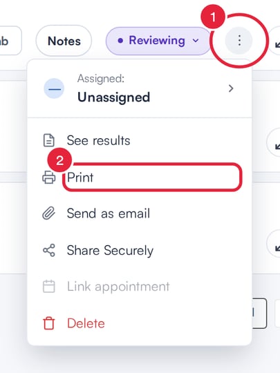 A lab request menu with Print marked