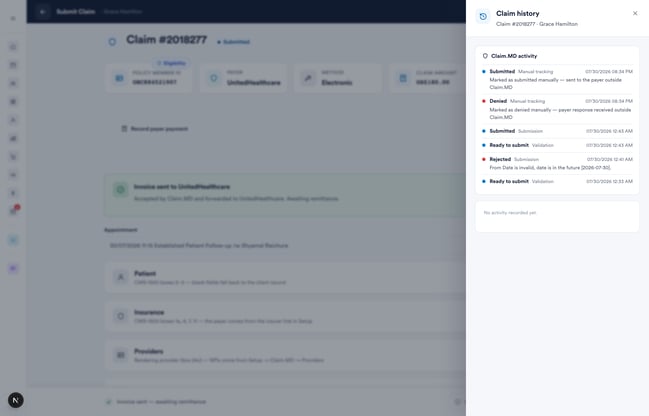 Claim history — manual tracking entries alongside electronic submission events