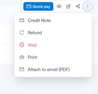 The three-dot menu on an invoice row with Credit Note, Refund, Void, Print and Attach to email options