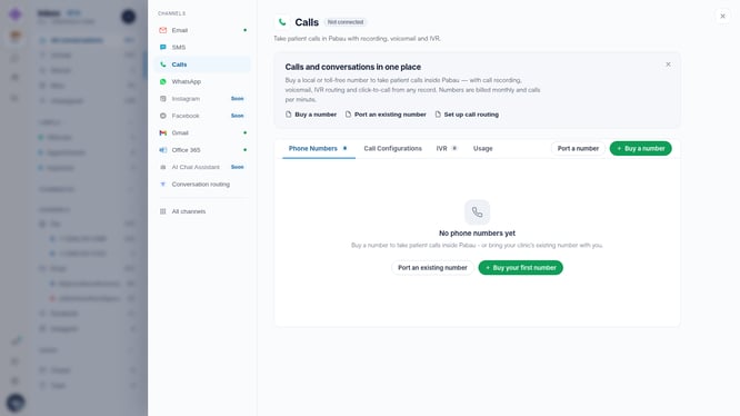 The Calls channel settings in Engage with the Phone Numbers, Call Configurations, IVR and Usage tabs and the Buy your first number button.
