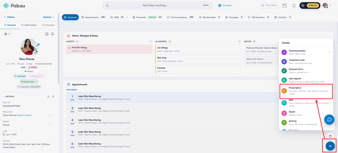 The Create button at the bottom right of the client card