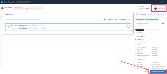 The prescription builder with the Issue and sign prescription button at the bottom right