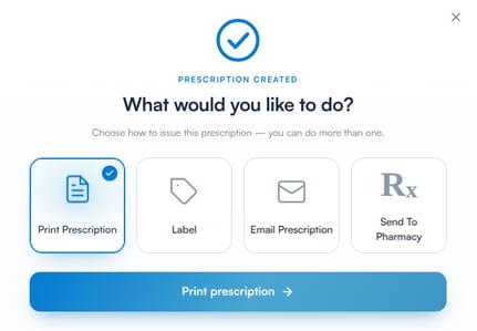 The Prescription created window listing the available actions
