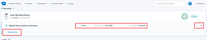 Three-dot actions menu on a form row in the appointments view
