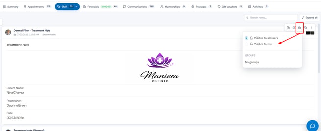 Hover action toolbar on a treatment note with the Privacy lock icon