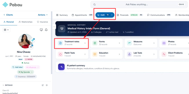 Treatment notes card in the EMR section of the new Client Card