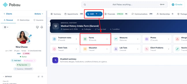 EMR tab and Forms section on the new client card