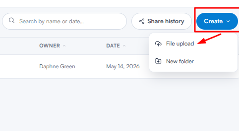 Create button in the Documents section with the File upload option in its dropdown
