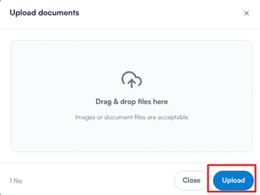 Upload documents window with the drag-and-drop upload area and Upload button