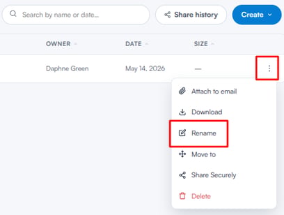 Three-dot menu on a document row with the Rename option