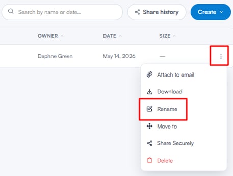 Three-dot menu on a document row with the Rename option