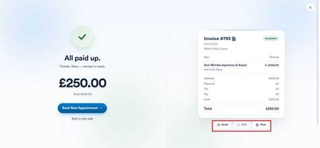 Email and SMS icons on the Checkout Completed screen