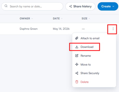 Three-dot menu on a document row with the Download option