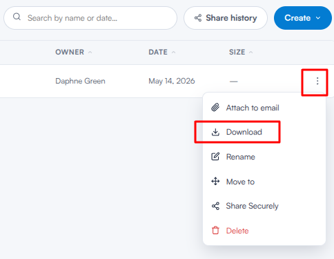 Three-dot menu on a document row with the Download option