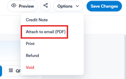 The Options menu on the Edit Invoice page with the Attach to email (PDF) action