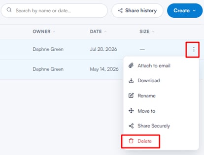 Three-dot menu on a document row with the Delete option