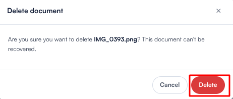 Delete document confirmation window with the Delete button