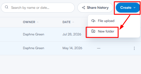 Create button dropdown with the New folder option