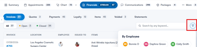 Invoice list in the Financials tab with the filter options