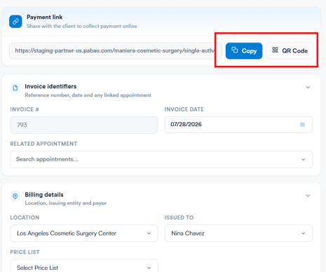 Payment link card on the invoice Details tab with Copy and QR Code buttons