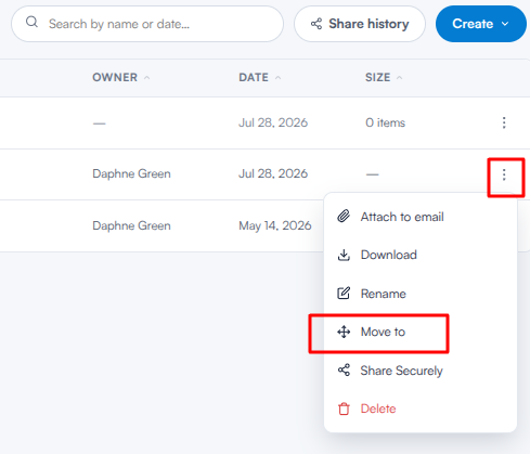 Three-dot menu on a document row with the Move to option