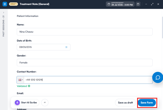Treatment note with the Save Form and Save as draft buttons at the bottom