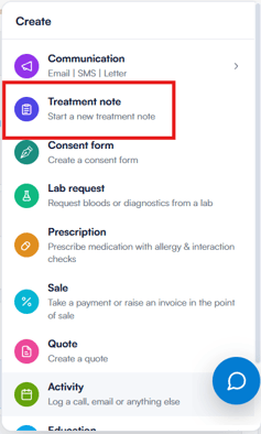 Create menu with the Treatment note option highlighted