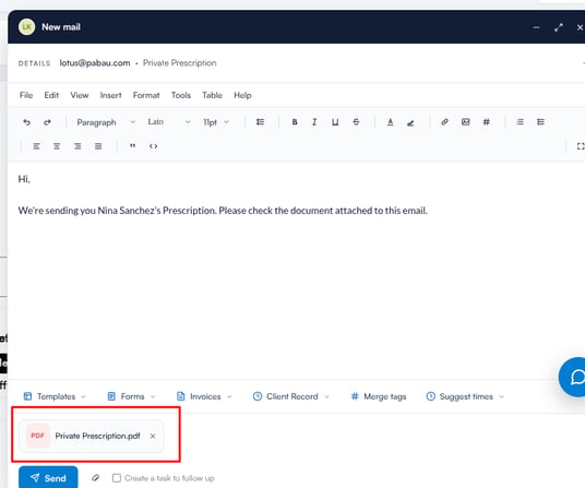 The email composer with the prescription attached